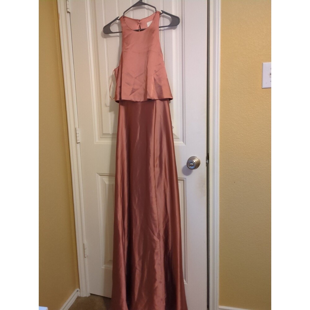Revelry Wren Satin Fitted High Neck A-line Bridesmaid Dress 6 Desert Rose